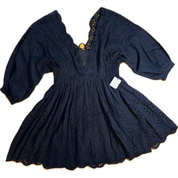Free People FP‎ One Lottie Eyelet Lace Black Mini Dress XS Boho Casual Party - Picture 1 of 8